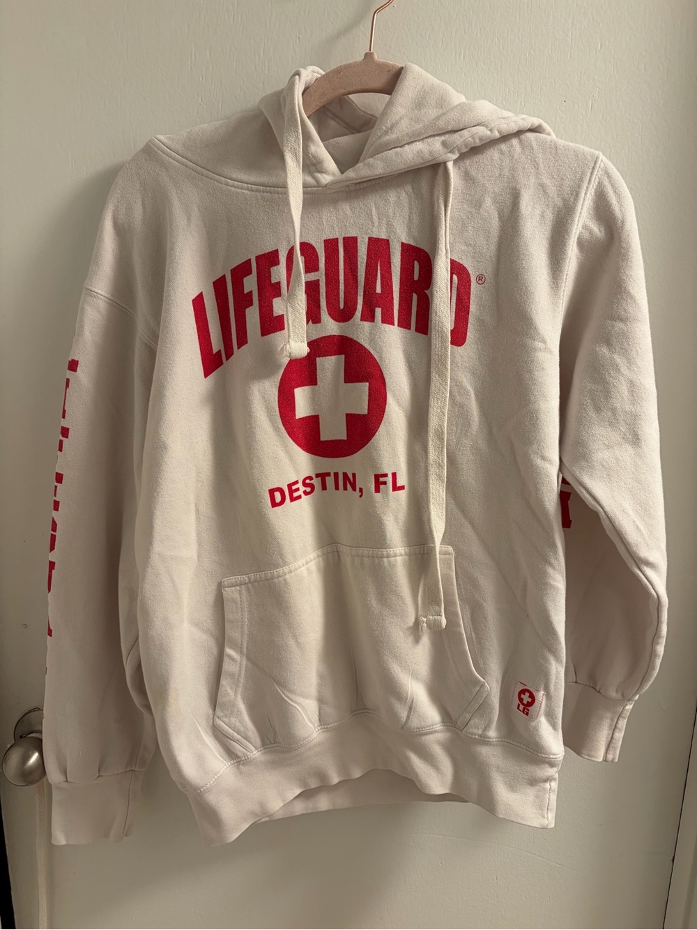 Popular Basics White Hoodie with Red Lifeguard Print